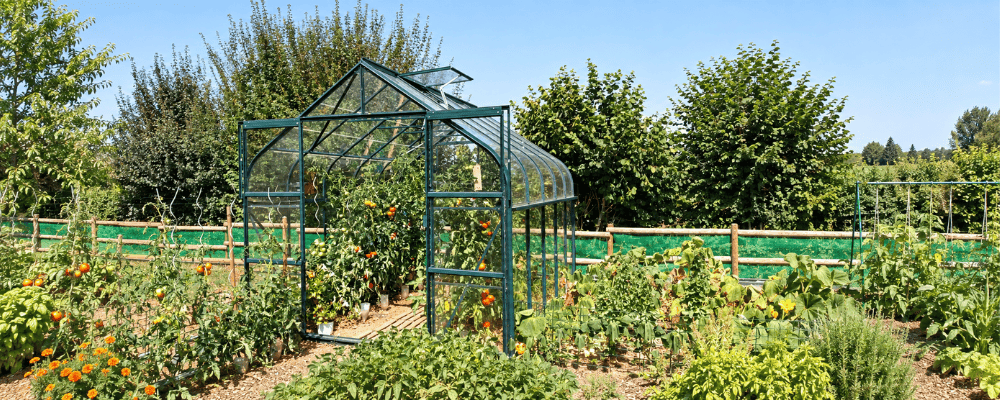 Serre Aloé LAMS entourée de végétation dans un jardin potager